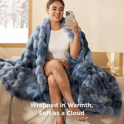 Bedsure GentleSoft Fluffy Fuzzy Tie-dye Blue Throw Blanket, Soft Cozy Fleece Faux Fur Blanket for Couch, Navy Blue Room Decor Minky Velvet Bed Cover, Thick Warm Plush Women Men Birthday Gifts