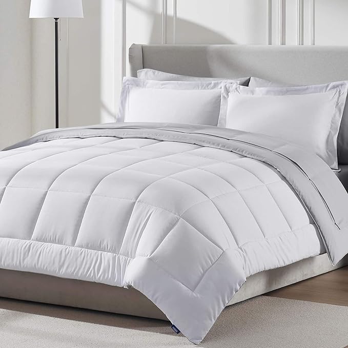 Nestl 7 Piece King Comforter Set – White Reversible Bed in a Bag – Complete King Size Bedding Set with Sheets, Pillowcases and Shams