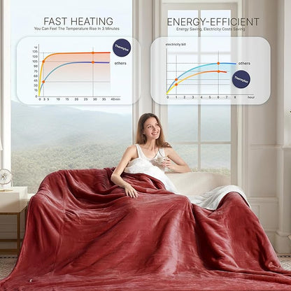 Electric Blanket Full 72"x84" Heated Electric Blankets 10 Heating 12 Time Settings Levels 8 Hours Auto Off Fast Heating and Overheat Protection ETL Certified Machine Washable,Red
