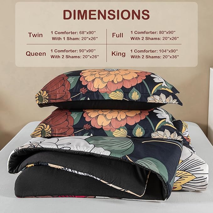 Black Boho Floral King Comforter Set - 3 Piece Farmhouse Botanical Bedding Comforter Sets for All Season Soft Lightweight Mid Century Bed Set, (1 Reversible Comforter and 2 Pillow Shams