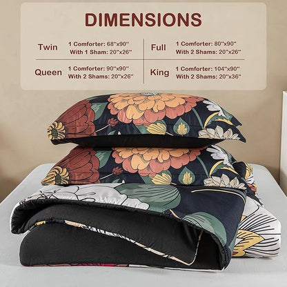Black Boho Floral King Comforter Set - 3 Piece Farmhouse Botanical Bedding Comforter Sets for All Season Soft Lightweight Mid Century Bed Set, (1 Reversible Comforter and 2 Pillow Shams