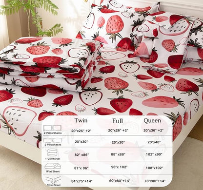 SDY 7PCS Strawberry Comforter and Sheet Set Twin Size, Cute Kawaii Pink Bedding Set for Girls, Kids Includes 1*Comforter,1* Flat Sheet, 1*Fitted Sheet,2*Pillowcases and 2*PillowcaseShams