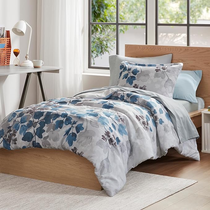 Madison Park Twin Comforter Set with Sheets, Floral Bed in A Bag Soft Microfiber Comforter for Twin-Size Bed, All Season Lightweight Comforters Twin Bed Set, Alexis, 6 Piece Blue