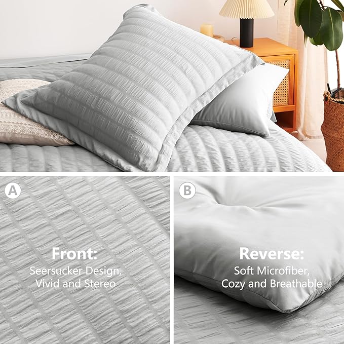 CozyLux Oversized King Comforter Set Light Grey Seersucker 7 Pieces Bed in a Bag King Comforter Set with Sheets, Luxury Soft Bedding Set with Down Alternative Comforter, Sheets, Pillowcases & Shams
