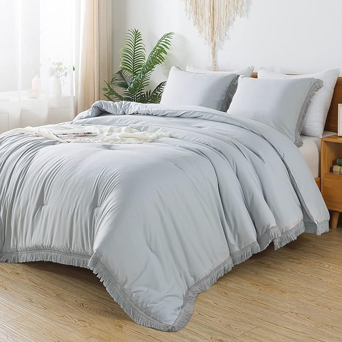 Andency Light Grey Comforter Set California King, 3 Pieces Boho Tassel Lightweight Bedding Comforter Sets, All Season Soft Fluffy Fringe Bed Set (104x96In Comforter & 2 Pillowcases)