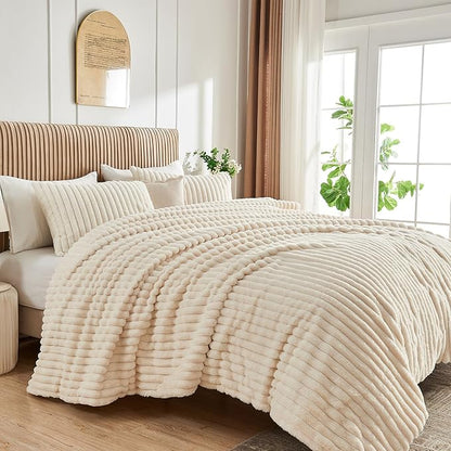 Lotus Karen Faux Fur King Size Comforter Set 3 Pieces – Soft Fluffy White Comforter Full Size, Vertical Striped Faux Rabbit Fur Fuzzy Warm Bedding Set（1 Comforter and 2 Pillowcases）