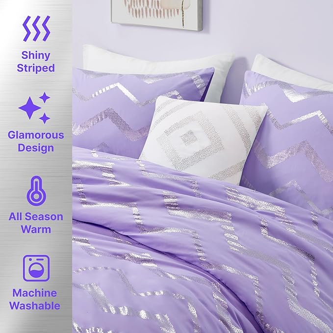 Codi Twin XL Bedding Set - Cute Purple Bed Set, Metallc Print Comforter - 3 Piece Sets for Girls, Includes 1 Comforter, 1 Decorative Pillow, and 1 Pillow Case - All Season, Lightweight and Warm
