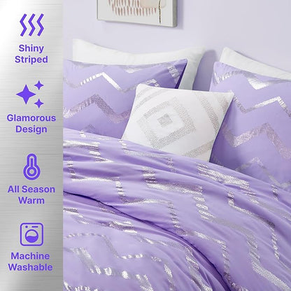 Codi Twin XL Bedding Set - Cute Purple Bed Set, Metallc Print Comforter - 3 Piece Sets for Girls, Includes 1 Comforter, 1 Decorative Pillow, and 1 Pillow Case - All Season, Lightweight and Warm