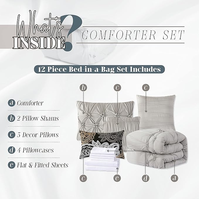 Elegant Comfort 12-Piece Bed-in-a-Bag, Ella Pleated Ruched Pintuck Comforter Set, 6-Piece Sheet Set Featuring Smart Pockets, Matching Decorative Pillows, All Season Bedding, Full, Silver
