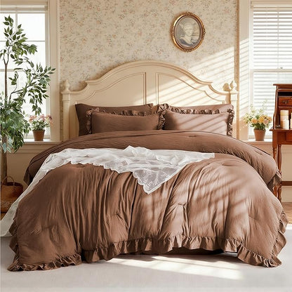 MR&HM Queen Comforter Set Brown, Comforter Set 7 Pieces for Girls Women, Shabby Chic Vintage Cottagecore Bed Sets Elegance Boho Bed in a Bag, Ultra-Soft & Fluffy Comforter for All Season