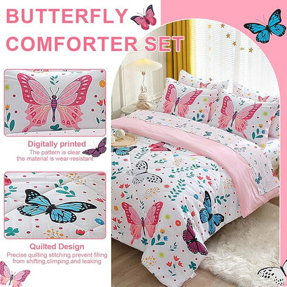 Butterfly Comforter Set Twin Size for Girls Kids Teens 7 Piece Bed in A Bag Colorful Butterflies Flower Leaves Bedding Set All Season Lightweight