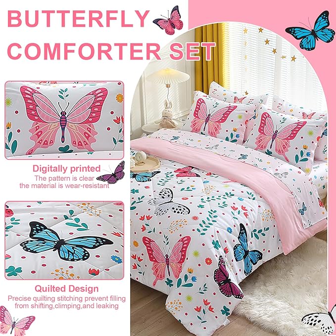 Girls Butterfly Comforter Set Full Size 7 Piece Bed in A Bag Colorful Flowers Leaves Bedding Set for Kids Teens Super Soft All Season