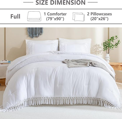 Andency White Full Size Comforter Set, 3 Pieces Boho Tassel Lightweight Soft Bedding Comforter Sets, All Season Fluffy Fringe Bed Set (79x90In Comforter & 2 Pillowcases)