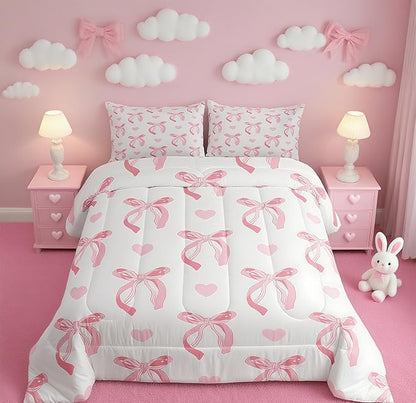 jejeloiu Cute Pink Bow Bedding Set Toddle Size Ribbon Bow Comforter Set for Kids Women Cartoon Love Heart Duvet Set Pink White Quilt Set 2Pcs