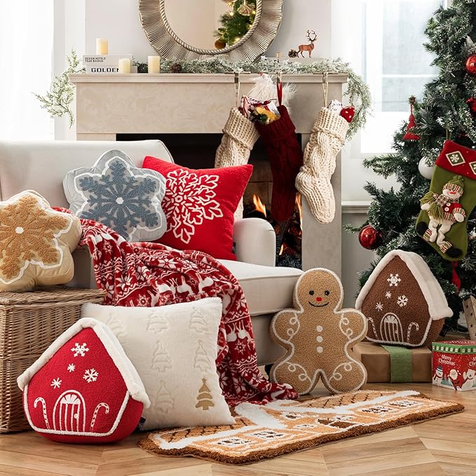 Phantoscope Gingerbread Man Merry Christmas Throw Pillow, Plush Teddy Xmas Gingerbread Shaped Pillows Christmas Decorative Pillow for Couch Living Room Bed, Beige,13 x 17 inches