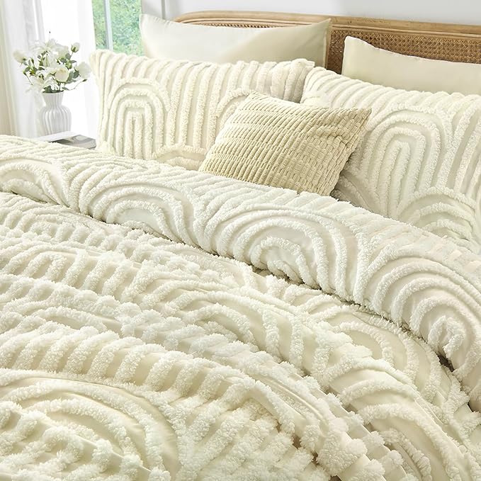 Nesker Boho Tufted King Comforter Set, 7 Pcs Beige Bedding Sets, Soft Cozy Chic Bed in a Bag, Arch Pattern Shabby Bed Set All Season with Comforter, Fitted Sheet, Flat Sheet & Pillowcases