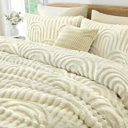 Nesker Boho Tufted King Comforter Set, 7 Pcs Beige Bedding Sets, Soft Cozy Chic Bed in a Bag, Arch Pattern Shabby Bed Set All Season with Comforter, Fitted Sheet, Flat Sheet & Pillowcases