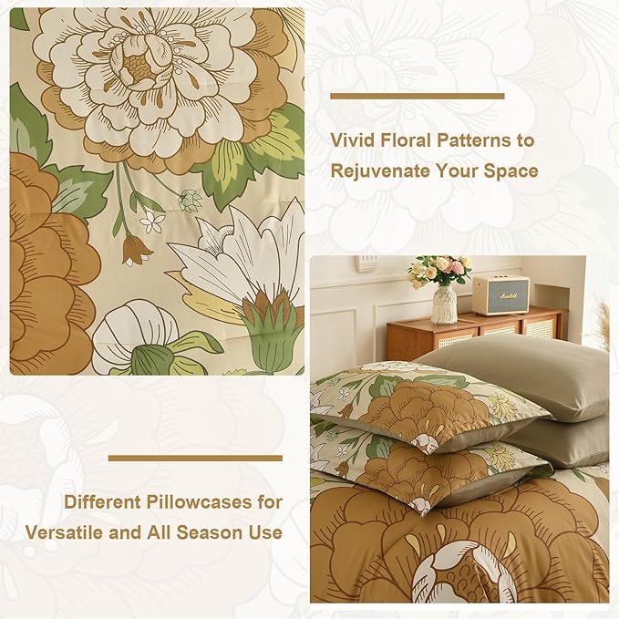 DJY Floral Comforter Set Queen Size Boho Bed in a Bag 7 Pieces Yellow Botanical Pattern Comforter with Sheet Set, Soft Microfiber Farmhouse Bedding Set for All Season (90''x90'')