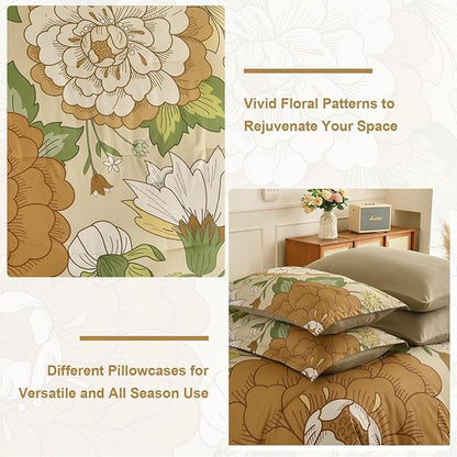 DJY Floral Comforter Set King Size Boho Bed in a Bag 7 Pieces Yellow Botanical Comforter with Sheet Set, Soft Microfiber Farmhouse Bedding Set for All Season (104''x90'')