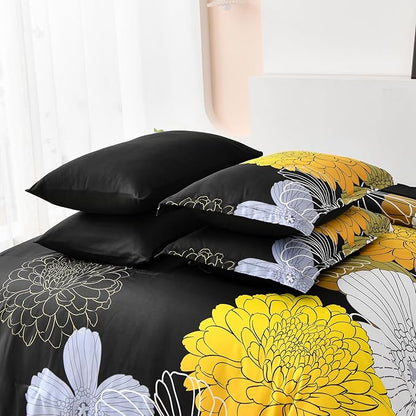 Yiran Bed in a Bag Queen Yellow Black Comforter Set 7 Pieces Soft Microfiber Floral Boho Bedding Set with 1 Comforter 1 Flat Sheet 1 Fitted Sheet 2 Pillowshams 2 Pillowcases