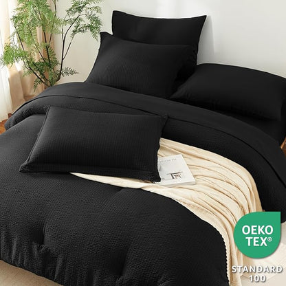 CozyLux Queen Comforter Set Black - 7 Pieces Striped Seersucker Bed in a Bag, Soft Lightweight Boho Bedding Set with All Season Comforters Queen Size, Sheets, Pillowcases & Shams