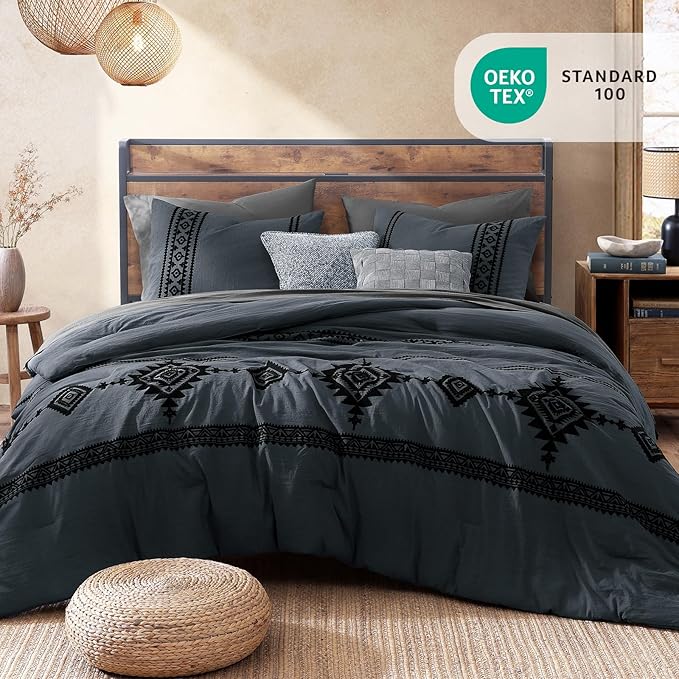 MaiRêve Embroidery Queen Size Comforter Set Blue Grey, Boho Farmhouse Western Bedding Set 7 Pieces, All Season Bed in A Bag Comforter Set with Sheets, Pillowcases & Shams