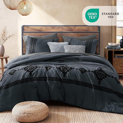 MaiRêve Embroidery Queen Size Comforter Set Blue Grey, Boho Farmhouse Western Bedding Set 7 Pieces, All Season Bed in A Bag Comforter Set with Sheets, Pillowcases & Shams