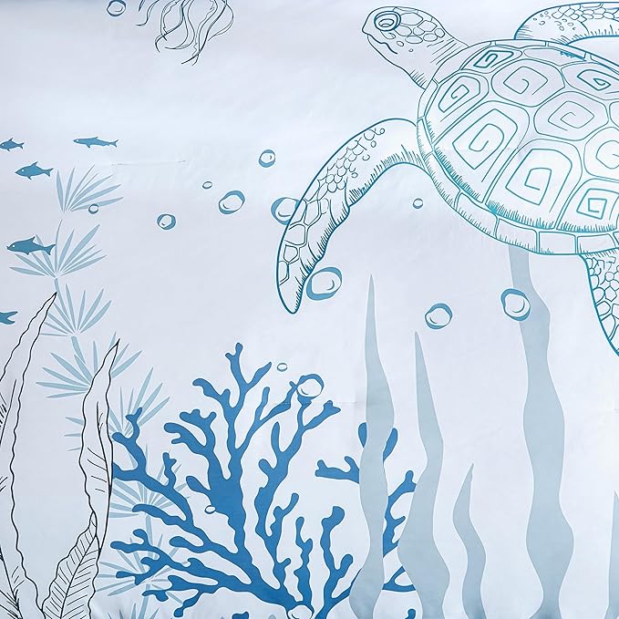 Comforter Set King Size Coastal, Seaweed & Turtle Comforters 7 Pieces Ocean Coral Bed in a Bag Nautical Bedding with Sheets for Spring Summer Decor