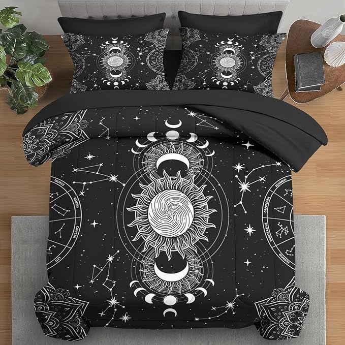 Comforter Set Twin Size, Sun Moon Tarot Vintage 5 Pcs Bedding for Kids and Adults, Boho Bohemian Retro Bed Sheet Sets with Fitted Sheet Pillowcase & Sham for Bedroom Bed Decor