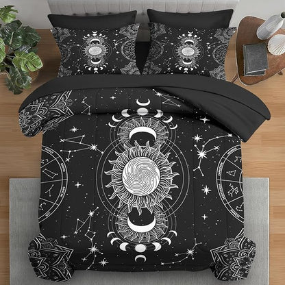 Comforter Set Twin Size, Sun Moon Tarot Vintage 5 Pcs Bedding for Kids and Adults, Boho Bohemian Retro Bed Sheet Sets with Fitted Sheet Pillowcase & Sham for Bedroom Bed Decor