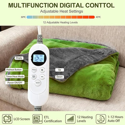 Electric Heated Blanket Throw 50" x 60" Soft Dual-Sided Flannel Fast Heating 12 Heat Levels 1–12H Timer & Overheat Protection & Auto Shut-Off & Machine Washable (Lime Green & Gray)