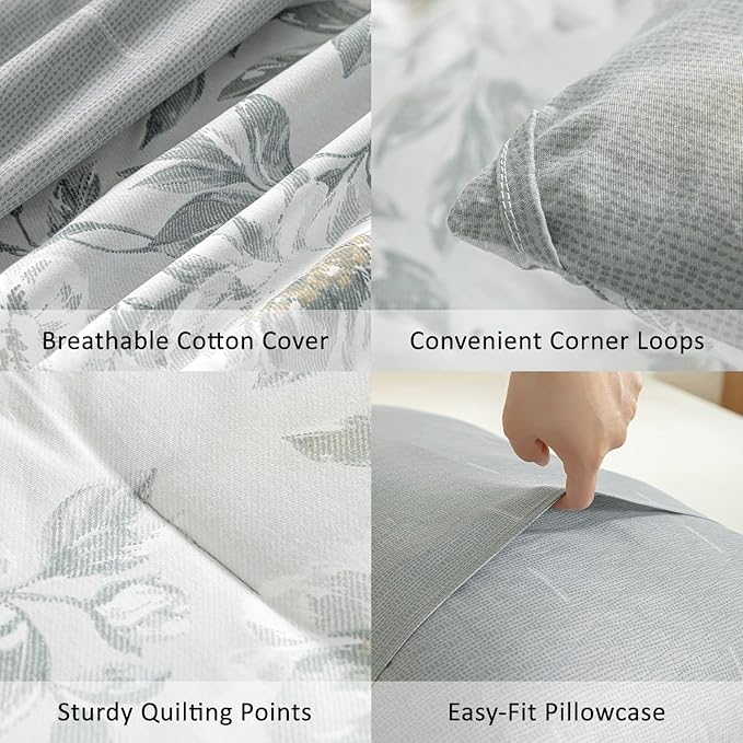 Floral Cotton Comforter Queen Size - Light Grey Comforter Printed with Vintage Ivory Flowers & Dark Yellow Stamens,Reversible Lightweight Bedding Sets 3Pcs(90"×90")