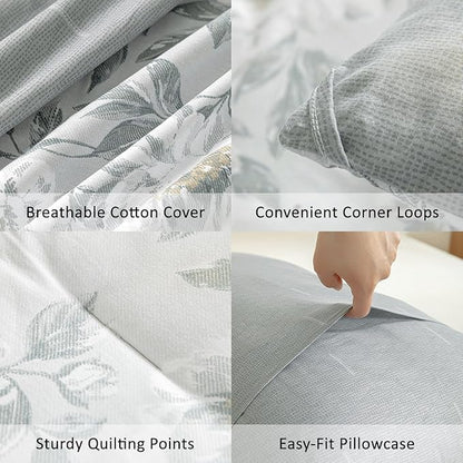 Floral Cotton Comforter Queen Size - Light Grey Comforter Printed with Vintage Ivory Flowers & Dark Yellow Stamens,Reversible Lightweight Bedding Sets 3Pcs(90"×90")