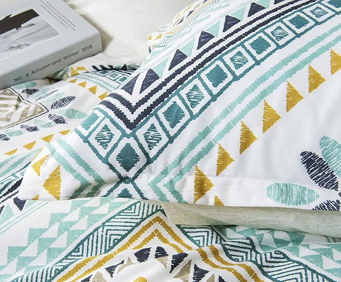SLEEPBELLA Comforter Twin Size, 600 Thread Count Cotton Yellow & Dark Blue Bohemian Pattern Printed on White Reversible Comforter Sets,Down Alternative Bedding Set 2Pcs (Twin, Teal Geometric)