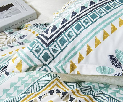 SLEEPBELLA Comforter Twin Size, 600 Thread Count Cotton Yellow & Dark Blue Bohemian Pattern Printed on White Reversible Comforter Sets,Down Alternative Bedding Set 2Pcs (Twin, Teal Geometric)