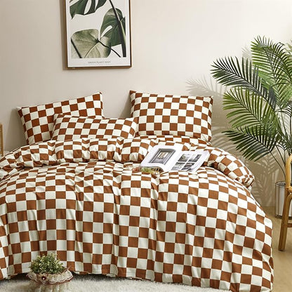 Pureant Pumpkin White Plaid Comforter Set Twin Brown and White Checkered Bedding Comforter Soft Women Girls Brown Checkerboard Grid Quilts Twin Size Boho Pumpkin Buffalo Plaid Comforter Geomertic