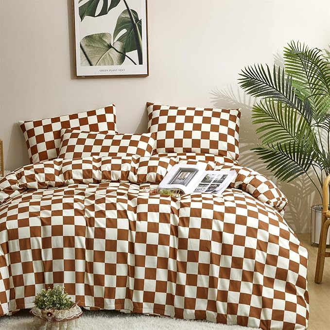 Pureant Pumpkin White Plaid Comforter Set Queen Brown and White Checkered Bedding Comforter Soft Women Girls Brown Checkerboard Grid Quilts Queen Size Boho Pumpkin Buffalo Plaid Comforter Geomertic