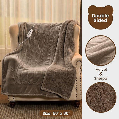 Bearhug Electric Throw Blanket 50" x 60", Reversible Velvet & Sherpa Heated Throw, 6 Heating Levels & 4H Auto Off, Over-Heat Protect, ETL Certification, Machine Washable