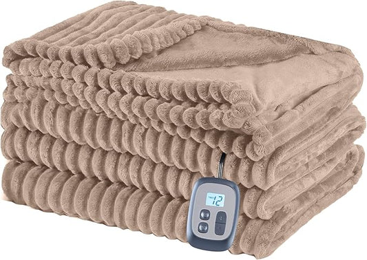 Electric Heated Blanket Queen Size 84"x90",Dual Controllers & Dual Heating Zones, 1-12 Hs Auto Off & 12 Heating Levels, Soft Striped Flannel for Bed, Machine Washable, Gifts for Family-Camel