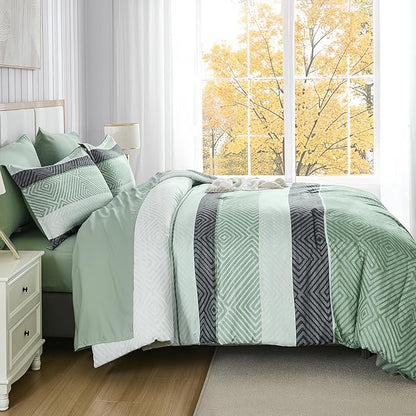 Drucon Sage Green Comforter Set Queen Size 7 Piece Bed in a Bag Boho Striped Bedding Set Soft Microfiber Comforter and Sheet Set for All Season (Queen, 90"x90")