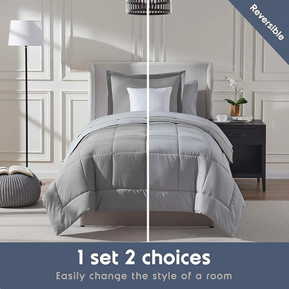 Nestl 5 Piece Twin Comforter Set – Grey Reversible Bed in a Bag – Complete Twin Size Bedding Set with Sheets, Pillowcase and Sham