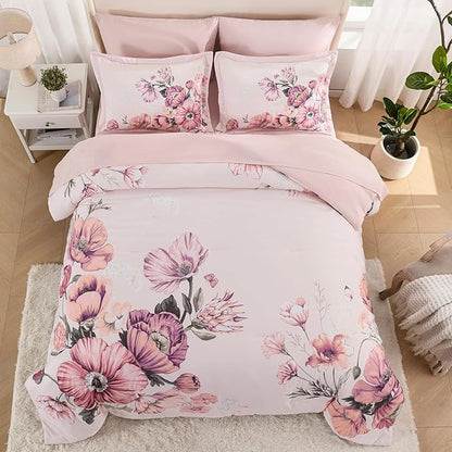 Queen Comforter Set - 7 Pieces Bed in a Bag Pink Floral Queen Comforter Set with Sheets, Soft Microfiber Flower Complete Bedding Set for All Seasons（Pink,90"x90"）