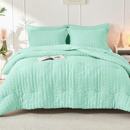 HYMOKEGE Mint Green King Size Comforter Set Seersucker 7 Pieces, All Season Luxury Bed in a Bag for Bedroom, Bedding Set with Comforter, Sheets, Pillowcases & Shams