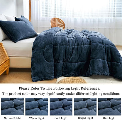Faux Fur Comforter Set, Ultra Soft Warm Plush Velvet Comforter, Fluffy Fuzzy Fleece Bedding Comforter Sets for Fall Winter, No Shedding, 3PC, King Size, Blue