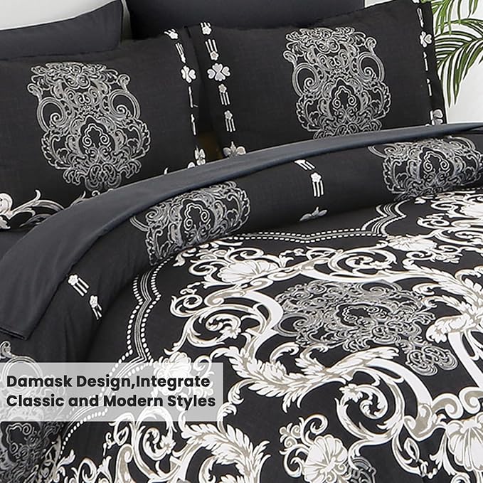 Mybedsoul Queen Comforter Set, 7 Pieces Boho Bed in a Bag for Queen Bed, Black Damask Comforter Set with Sheets, Pillowcases & Shams, Soft Microfiber Lightweight Bedding Sets for All Season(90"x90")