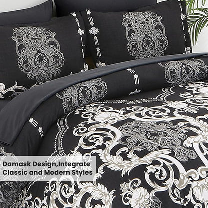 Mybedsoul King Size comforter set, 7 Pieces Boho Bed in a Bag for King Bed, Black Damask Comforter Set with Sheet, Pillowcases & Shams, Soft Microfiber Lightweight Bedding Set for All Season(90"x104")