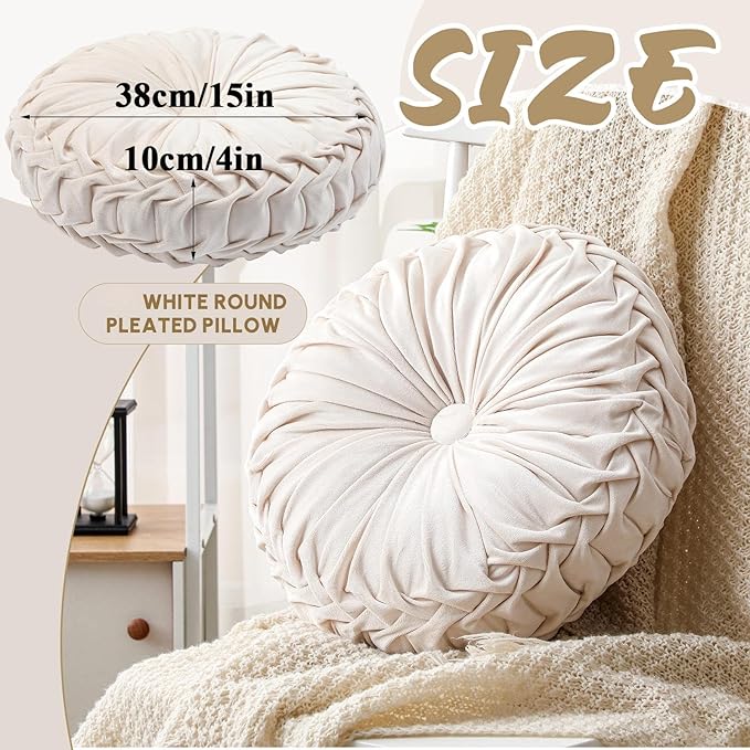 Round Throw Pillows Decorative Pleated Throw Pillows 15'' Diameter Accent Pumpkin Boho Chair Cushion for Couch Sofa Home Decoration(Velvet,Beige,1 Pcs)