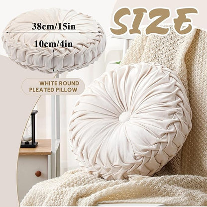 Round Throw Pillows Decorative Pleated Throw Pillows 15'' Diameter Accent Pumpkin Boho Chair Cushion for Couch Sofa Home Decoration(Velvet,Beige,1 Pcs)