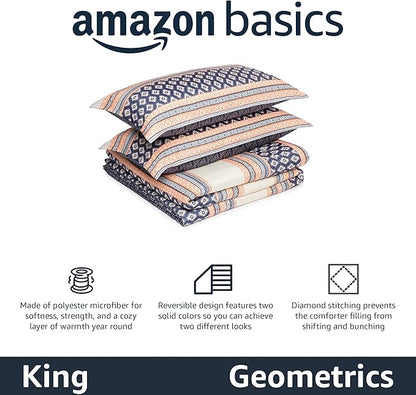 Amazon Basics Lightweight Microfiber Comforter Set, 3-Piece, Gray Geometrics, King