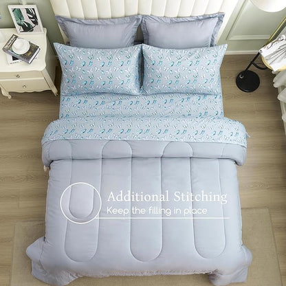 ARTALL King Bed in a Bag 7 Pieces, Light Gray Solid Comforter with Cute Colorful Butterfly Sheet Set, Soft Reversible Bedding Sets with Comforter, Sheets, Pillowcases & Shams for All Seasons
